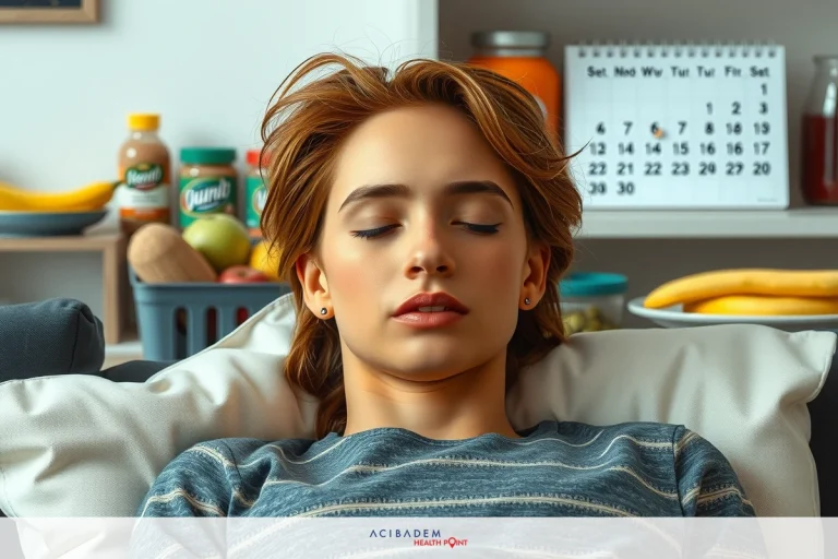 How Long for Bones to Heal After Rhinoplasty The image shows a young woman lying down, with her eyes closed, possibly asleep or resting. She has a neutral expression on her face and is wearing a grey shirt with stripes. Her hair is styled short and messy.