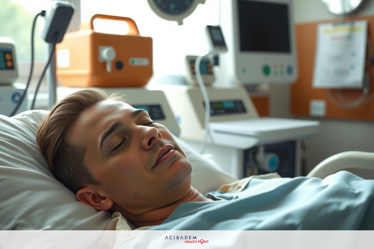 A man is lying in a hospital bed with medical equipment around him, suggesting he may be receiving healthcare services or monitoring. The environment is clinical and sterile, typical of a hospital setting.
