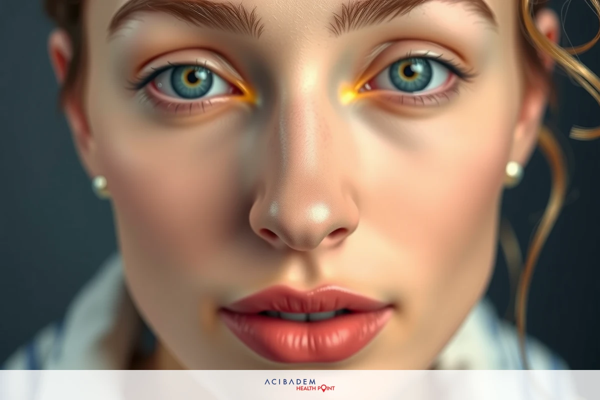 A high-quality digital image of a woman's face. She has striking yellow eyes and is wearing pearls, showcasing her unique features. Her expression appears contemplative with subtle smiling lines around her mouth.