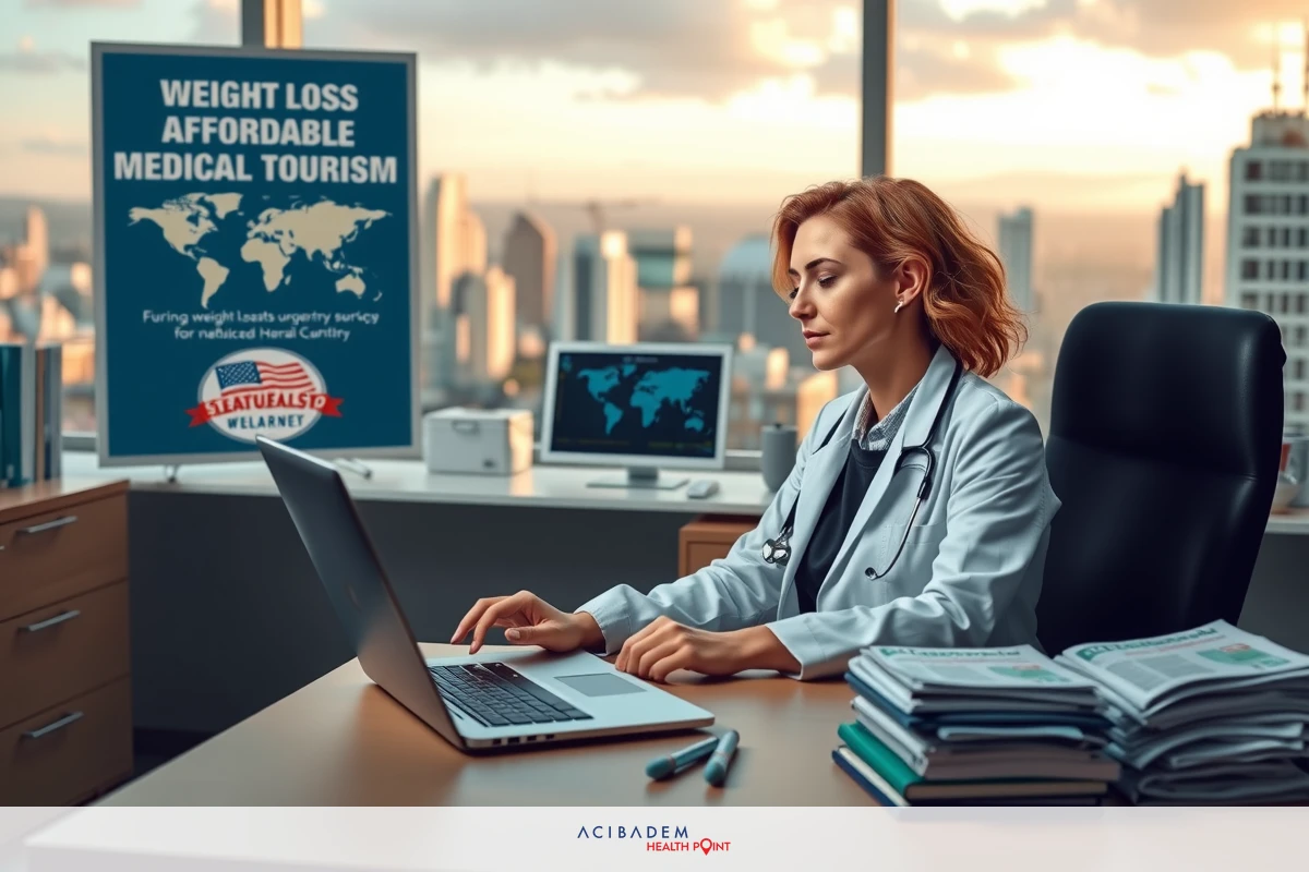 A woman in a medical coat working on her laptop, surrounded by various papers and books. Her office has a cityscape view through the window.