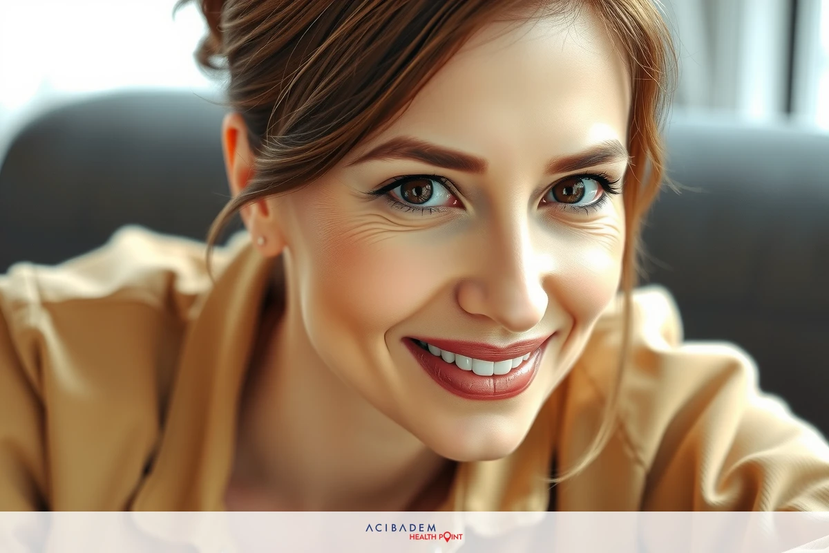 Woman in a business setting, smiling with confidence. She is wearing a brown jacket and has her hair pulled back into a bun. Her makeup is done professionally, suggesting she might be a professional or a public figure.