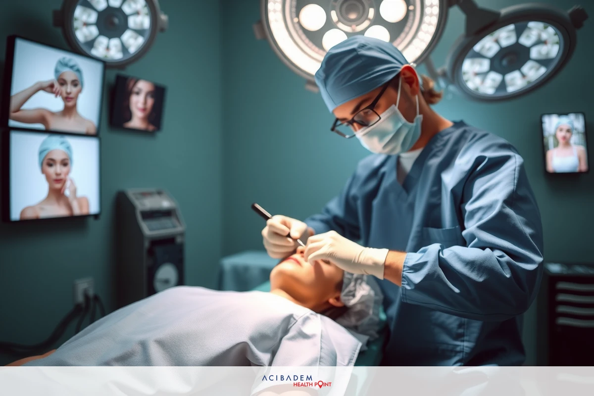 This image depicts a medical setting where a healthcare professional, possibly a plastic surgeon, is performing a procedure on a patient. The patient is lying on an examination table and appears to be receiving some form of treatment or surgery.