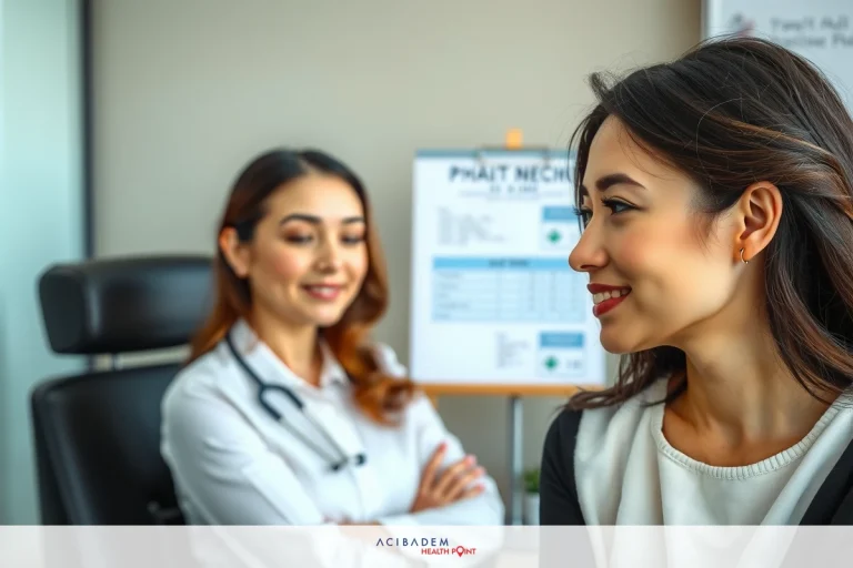 The image depicts a professional setting, likely an office or clinical environment. The person standing appears to be wearing a white coat, indicative of a medical professional, such as a doctor.