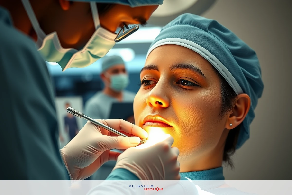Plastic surgeon is examining a patient's face with a medical instrument. The patient is seated in an operating room setting, surrounded by medical staff.