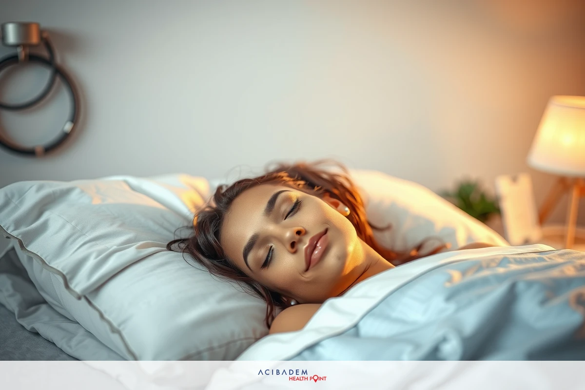 The image depicts a person lying in bed with their eyes closed. The individual appears to be relaxed and possibly resting or sleeping. The room has soft lighting, suggesting a calm and peaceful environment.