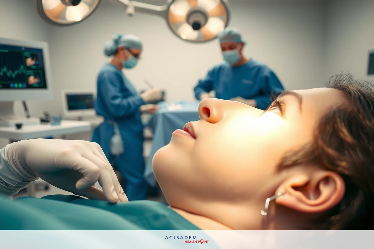 The image shows an indoor medical setting where a woman is lying on her back, likely undergoing some form of surgery or rhinoplasty. There are medical professionals wearing full surgical gowns and masks around her.