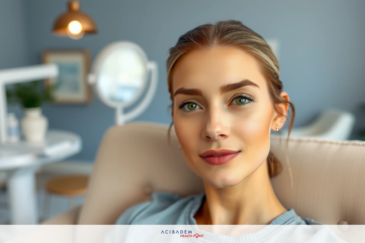 A young woman is sitting in a comfortable chair, wearing makeup and looking at the camera with a slight smile. The room is well-decorated with modern furniture and lighting.