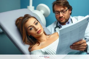A woman seated in a medical examination chair and a man, likely a doctor, reading from papers with a blue background that suggests a clinical setting.