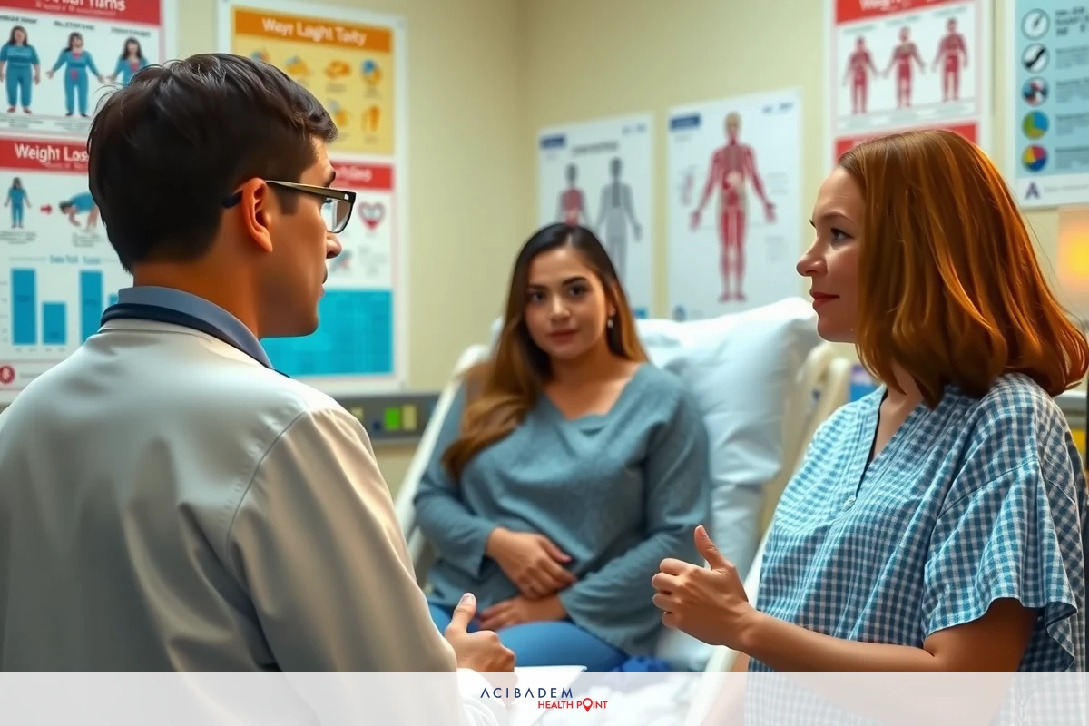 A medical setting with a doctor wearing scrubs engaged in conversation with a woman. Other doctors and patients are present, all focused on healthcare matters.