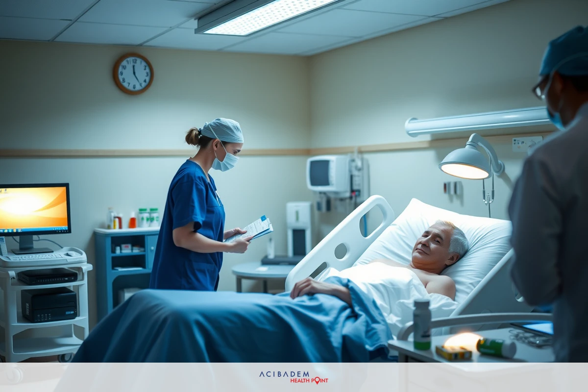 The image depicts a hospital setting with medical personnel. There's a patient in a hospital bed, flanked by two doctors or nurses who are attending to him. The focus is on the professional interaction and care being provided within the context of a healthcare environment.