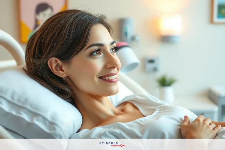 A woman smiling in a hospital bed, holding her belly as she looks at the camera.
