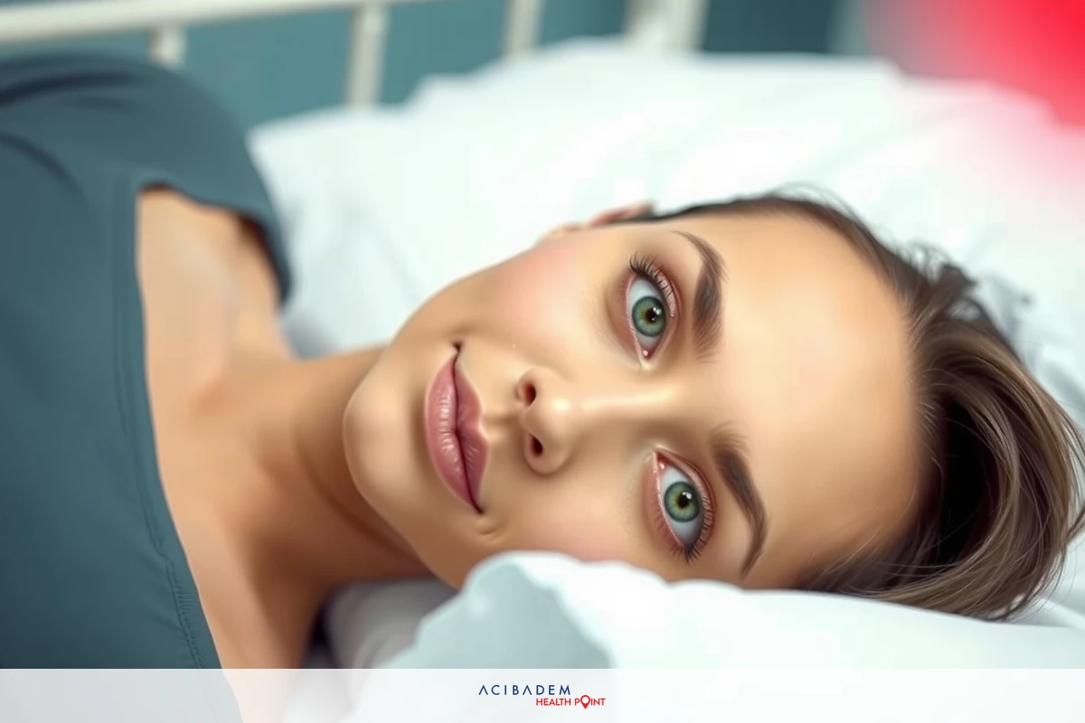A woman lying down in a hospital bed, looking to camera with her eyes open. The environment suggests a medical setting with white walls and equipment around.