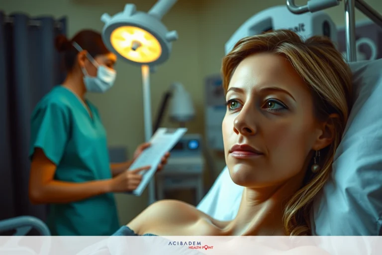 The image depicts a hospital scene with medical personnel. A woman is lying on an examination table. There's another female figure standing over her, likely a healthcare professional dressed in surgical attire, who appears to be assisting or evaluating the patient.