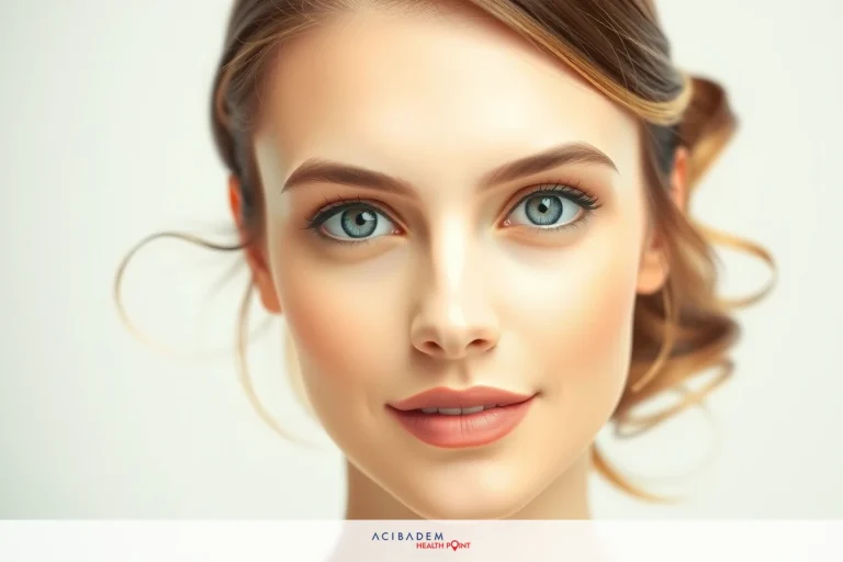 Close-up of a woman's face. She has prominent blue eyes, light skin, and has makeup with emphasis on her eyeshadow and lipstick.