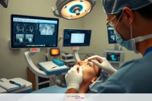 Medical professional in surgical gown working on patient's head, with focus on facial area during cosmetic or medical procedure.