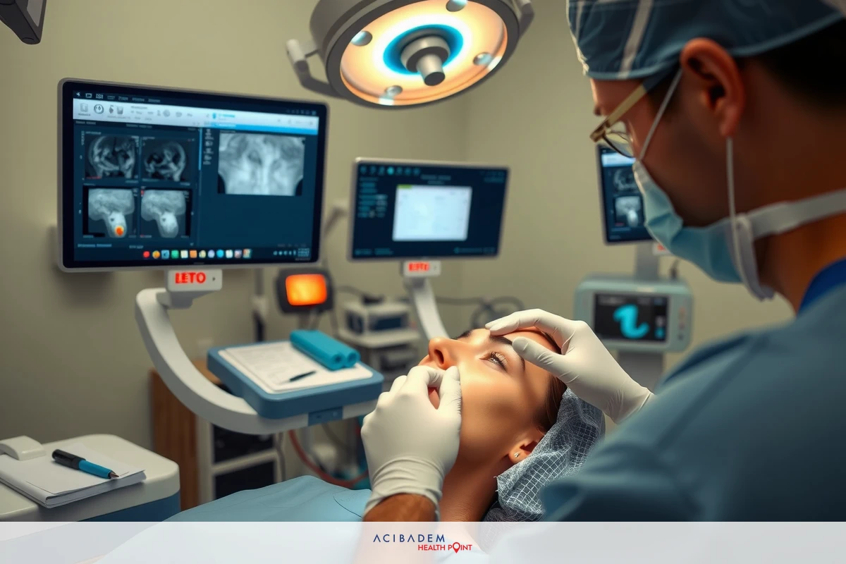 Medical professional in surgical gown working on patient's head, with focus on facial area during cosmetic or medical procedure.