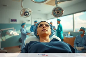 The image depicts a medical setting with hospital staff attending to a patient. The woman is lying on a bed, possibly undergoing surgery or a procedure. Surrounding her are nurses and doctors in professional medical attire, engaged in their tasks.