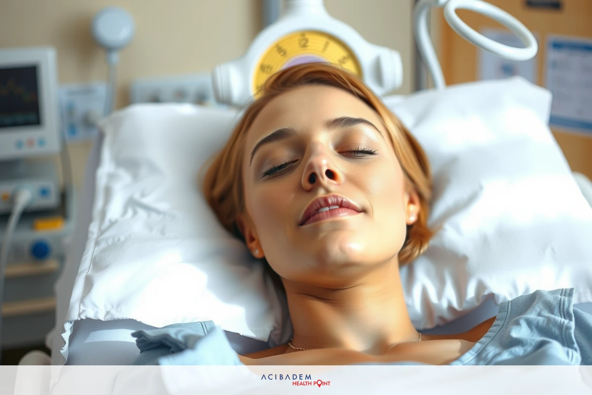 The image shows a woman lying on a hospital bed, appearing to be resting or receiving medical care. She is wearing a gown that suggests she may be in a clinical setting.
