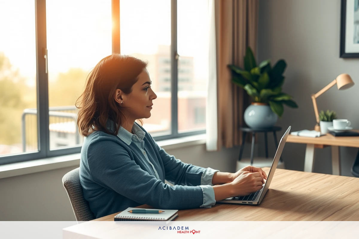 A woman in a modern home office, wearing a blue denim jacket and working on her laptop. The room has sunlight streaming through the window and is decorated with contemporary furniture.
