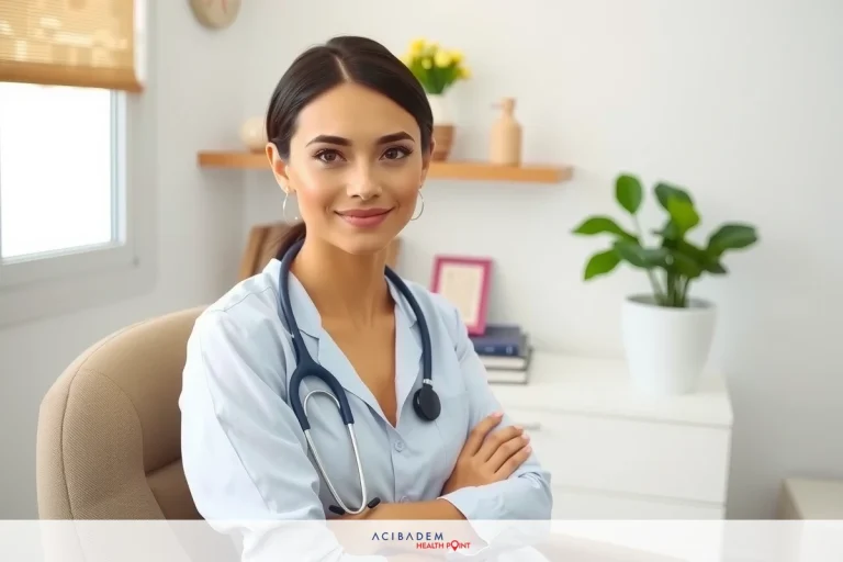 The image features a woman wearing a medical uniform, standing confidently in a professional office environment. She is holding her stethoscope and has a warm smile on her face, which suggests she may be a doctor or healthcare provider. The room includes elements of typical office furniture, such as a desk with papers, books, and a potted plant, indicating a calm and professional atmosphere.