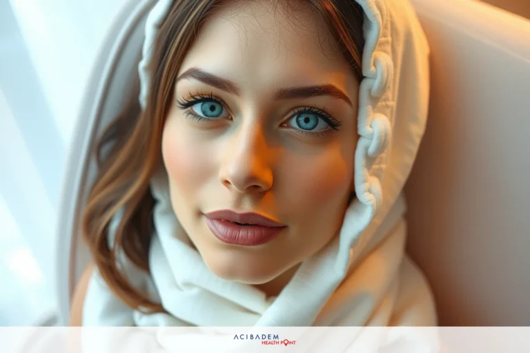 How Long Does Tip of Nose Stay Swollen After Rhinoplasty? The image shows a woman with long brown hair and blue eyes. She is wearing a light-colored hijab that covers her head and neck. The woman's expression is neutral, and she is looking directly at the camera.