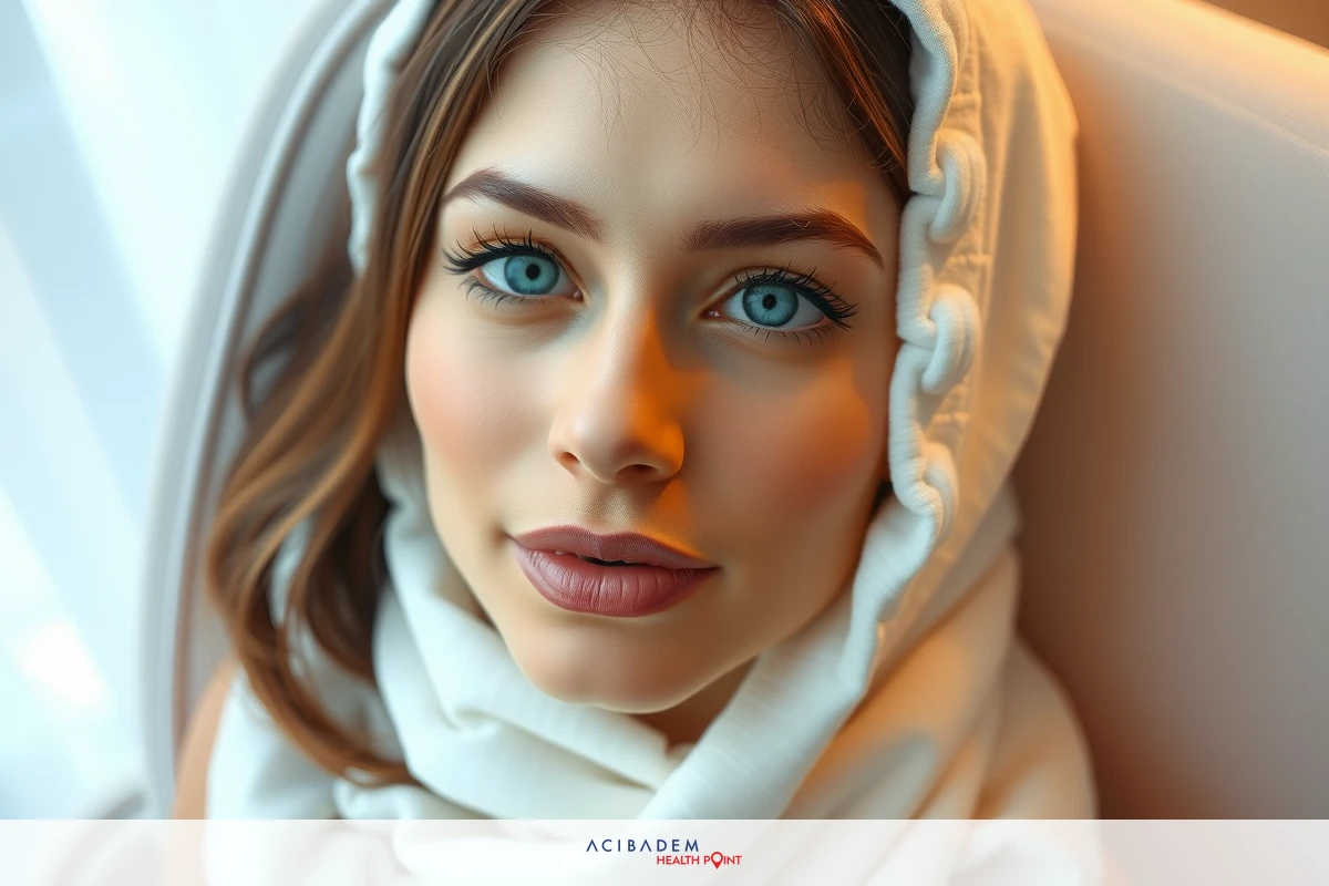 The image shows a woman with long brown hair and blue eyes. She is wearing a light-colored hijab that covers her head and neck. The woman's expression is neutral, and she is looking directly at the camera.