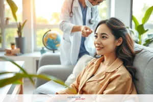 Woman sitting on couch in modern room being checked by a professional. The woman is smiling, and the professional is wearing white coat with stethoscope. Both are indoors in an environment that seems to promote wellness.
