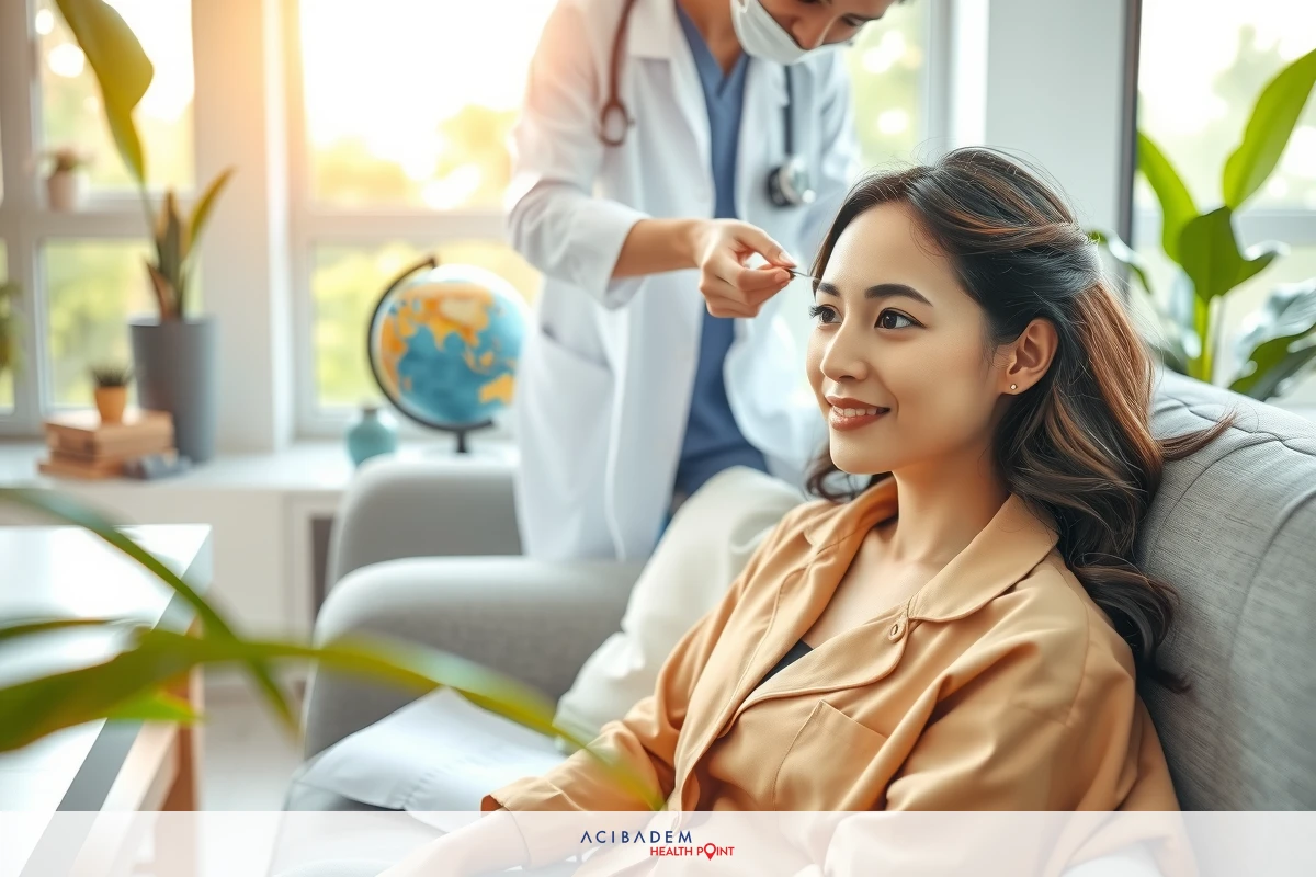 Woman sitting on couch in modern room being checked by a professional. The woman is smiling, and the professional is wearing white coat with stethoscope. Both are indoors in an environment that seems to promote wellness.