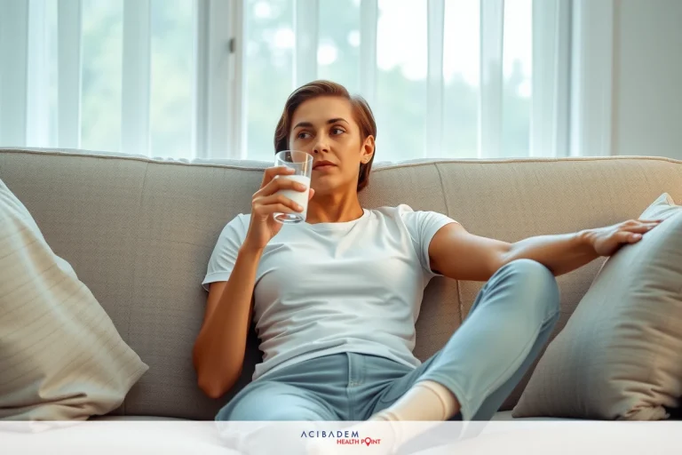 A woman is comfortably seated on a gray sofa, holding a glass of milk in her right hand. Her left leg is propped up on the couch, suggesting she's relaxing. The room has a clean and bright atmosphere with natural light streaming through the window blinds.