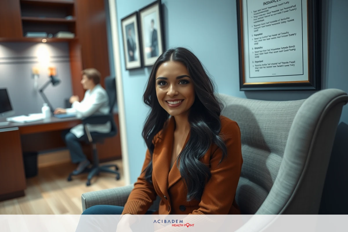 In the image, a woman is seated in an office environment. She is smiling and appears to be engaged in conversation or perhaps waiting for a meeting to start. The office setting includes wooden furniture and framed documents on the wall behind her.