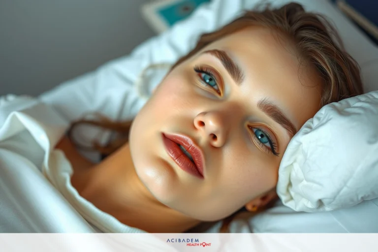 Portrait of woman lying down in bed, with soft focus on her face and lips. Her eyes are half open, and she appears to be resting or relaxed.