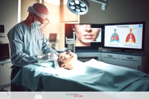 In a modern medical setting, a healthcare professional wearing protective gear is performing a procedure on a patient. The environment includes the patient on a hospital bed with monitors and equipment for monitoring vital signs. The focus is on the area of the face being attended to during the procedure.