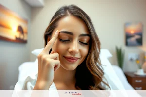 A woman in a hotel room with a blurred background, smiling and touching her forehead. Her hand is on top of her head, indicating relaxation or meditation.