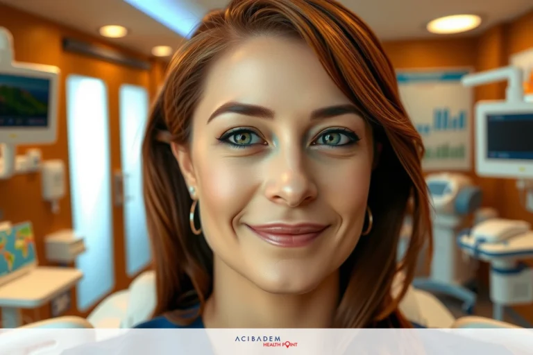 How Much Does the Nose Change After Rhinoplasty Woman is smiling at the camera, posing for a photo in an ultrasound room. The environment suggests medical care with various pieces of equipment visible.