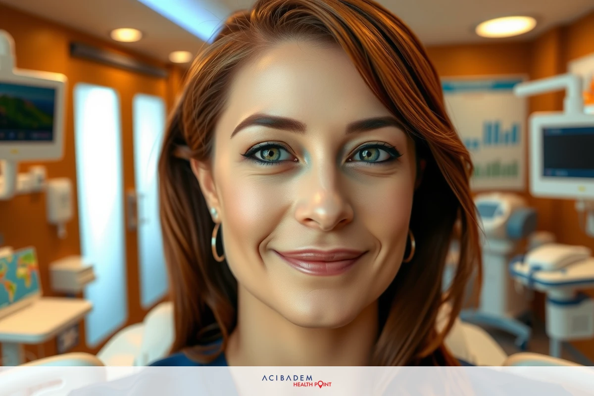 Woman is smiling at the camera, posing for a photo in an ultrasound room. The environment suggests medical care with various pieces of equipment visible.