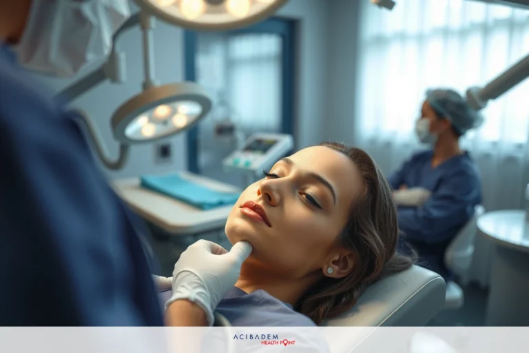 The image depicts a professional setting with medical personnel, likely in a medical clinic. There are at least three individuals visible: one woman seated and being attended to by two individuals wearing surgical gowns and face masks.