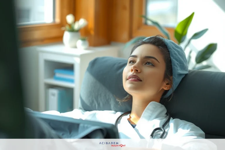 The image shows a young female doctor seated in a chair, likely at her workplace. She is wearing surgical attire and appears to be using a digital tablet or computer while lying back with her head resting comfortably on a support.