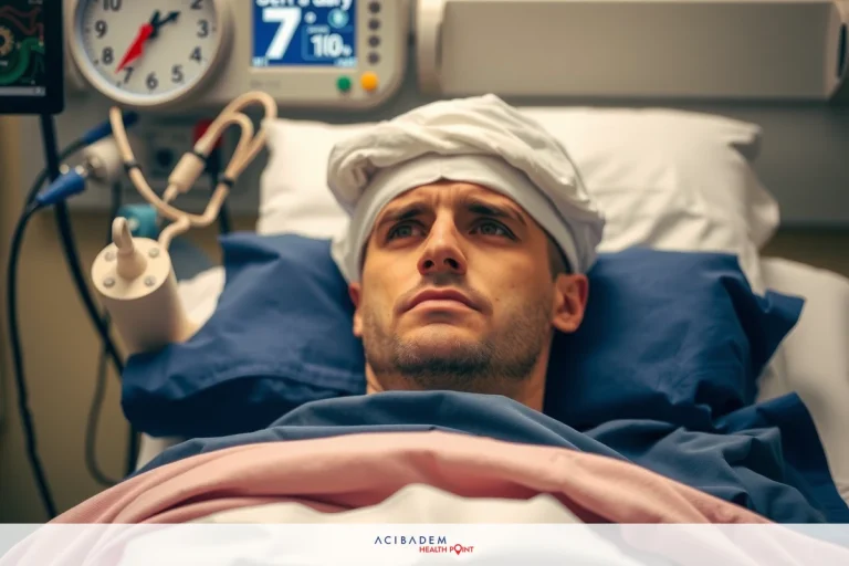 The image shows a man lying in a hospital bed. He is wearing a medical headband and appears to be looking upwards with concern or anxiety. His surroundings suggest he's in an intensive care unit, as indicated by the clinical environment and the presence of medical equipment around him.