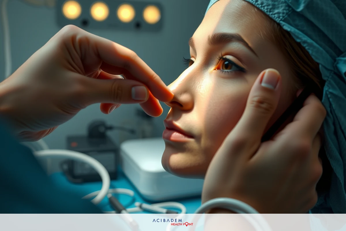 In the image, a professional with medical attire is examining a person's face with a lighted instrument. The setting appears to be a clinical or medical environment, possibly in a doctor's office or hospital room.