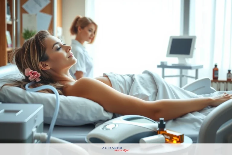 Can You Be Awake During Rhinoplasty? The image shows a woman lying on a hospital bed, hooked up to medical equipment. She is wearing a white gown and appears to be receiving some form of treatment or monitoring. The environment includes medical personnel at the foot of her bed and various pieces of hospital equipment such as monitors and IV stands.