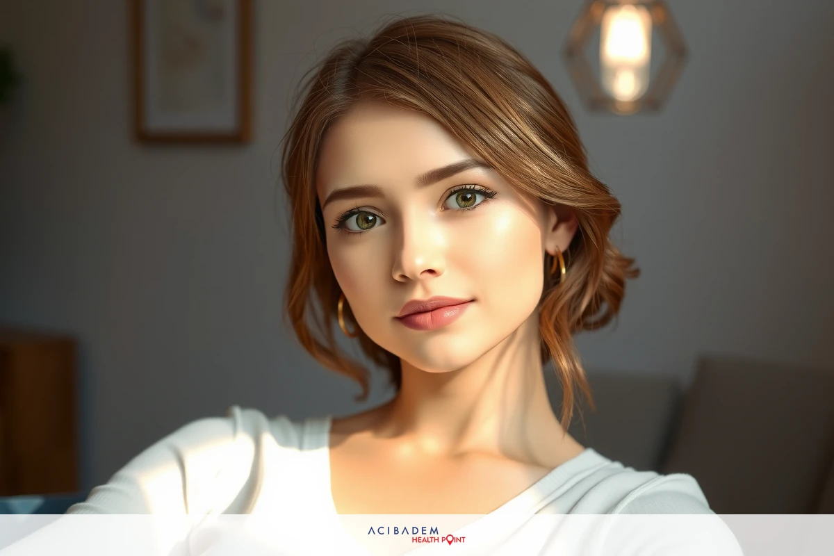 The image features a woman with a warm smile, light skin and brown hair. She has an elegant makeup look, including defined eyebrows and lips with a subtle lipstick shade. Her eyes are highlighted with a touch of sparkle, possibly eye shadow, complementing her clear complexion. The setting appears to be indoors with natural light streaming in, casting soft shadows on the wall behind her. The overall mood is serene and positive, capturing a pleasant moment.