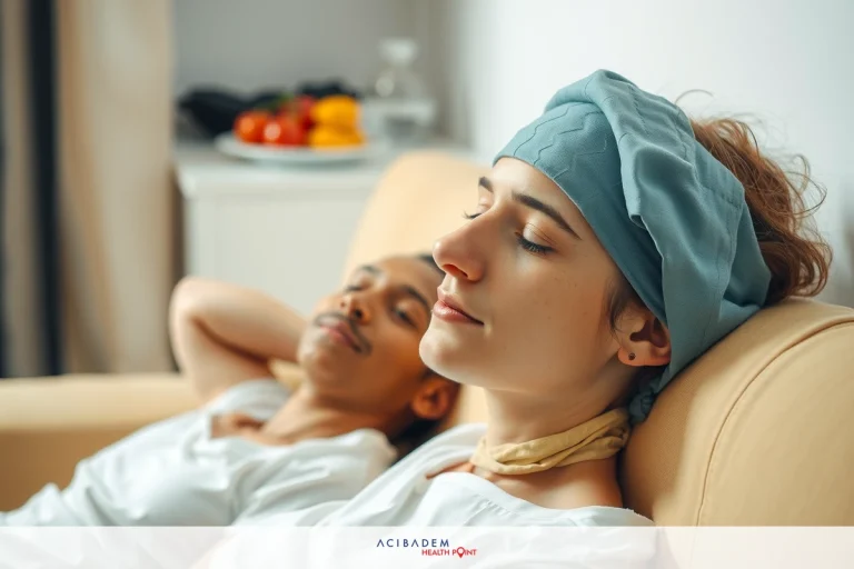 The image shows two people sitting on a couch, facing each other with their eyes closed. Both individuals appear relaxed and may be in a state of rest or sleep.