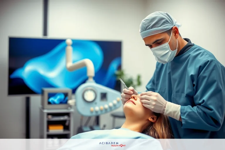 How Much Does Rhinoplasty Cost in Chicago A woman receiving medical attention in a professional setting. A surgeon wearing blue scrubs is using a surgical instrument to perform an operation, likely rhinoplasty.
