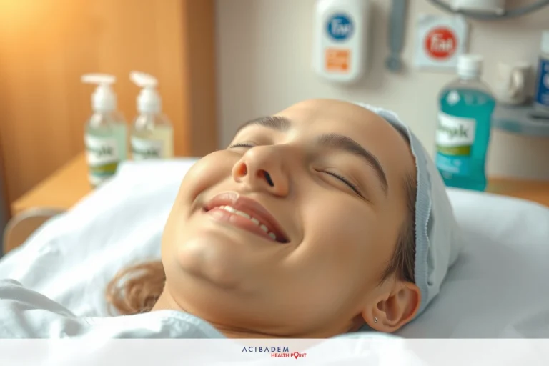 How Long Does Swelling Last After Liquid Rhinoplasty A young woman lying on a hospital bed with her eyes closed and face lit up with a smile, likely in a relaxed or pain-free state.