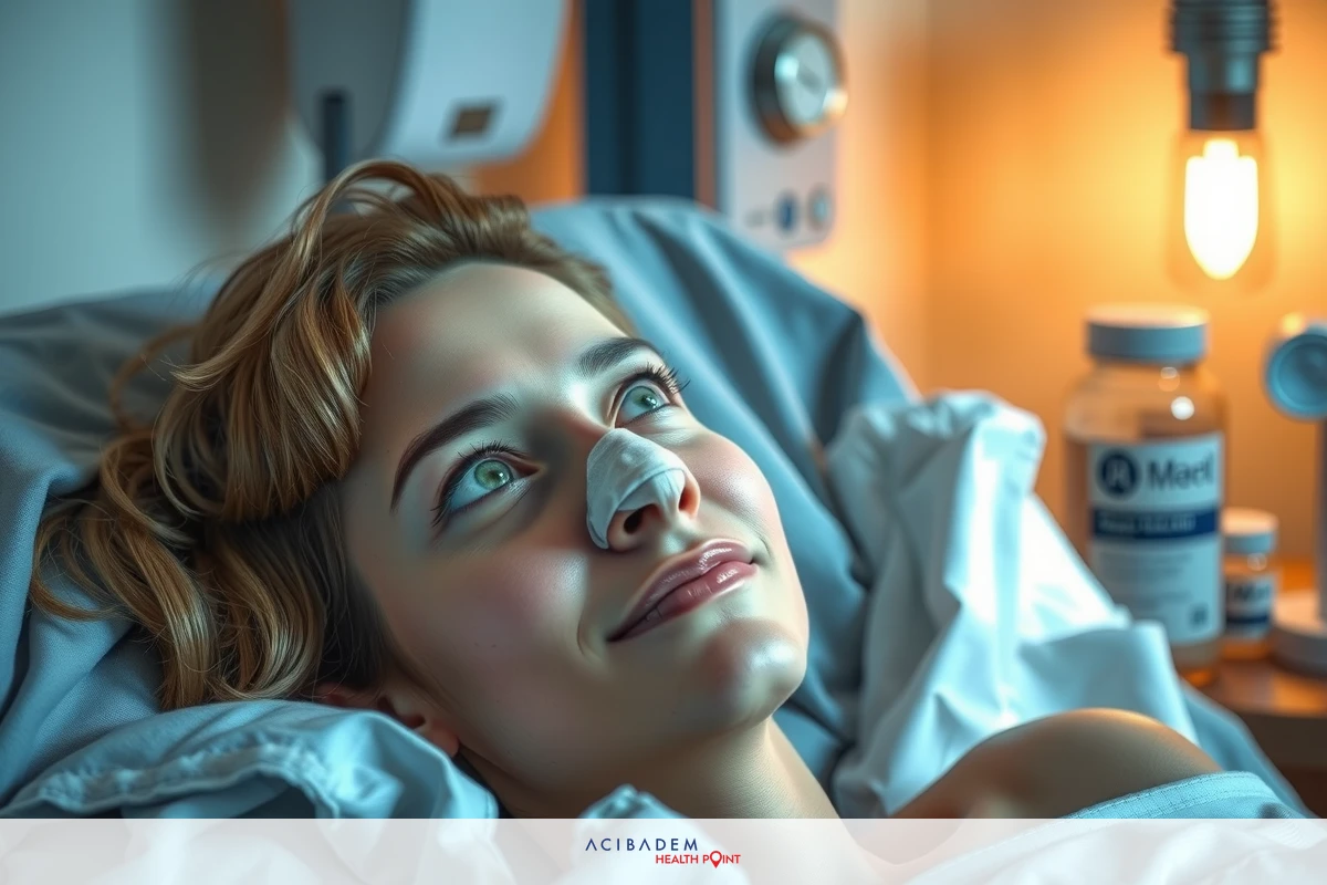 The image shows a woman lying in a hospital bed with medical supplies around her. She is being attended to by a medical professional, likely receiving treatment or undergoing a procedure. The scene conveys a sense of trust and care, as well as the importance of healthcare services.