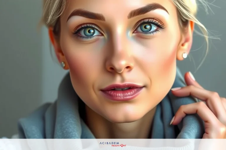 The image shows a close-up of a woman's face, focusing on her eyes and lips. She has blonde hair and blue eyes with light makeup. The background is plain, suggesting it may be taken indoors or in a controlled environment.