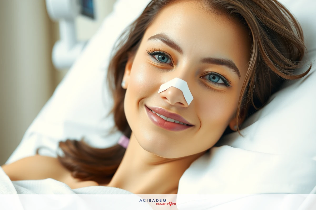 The image depicts a woman lying on a hospital bed. She appears relaxed and is wearing a small bandage or patch on her nose, which suggests she may have undergone medical treatment such as a rhinoplasty.