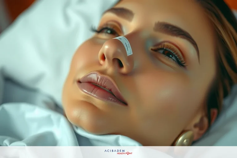 How Long Do You Have to Wear Bandages After Rhinoplasty? The image shows a woman lying on her back with a tape covering nose. Her skin is light and she has lipstick on.