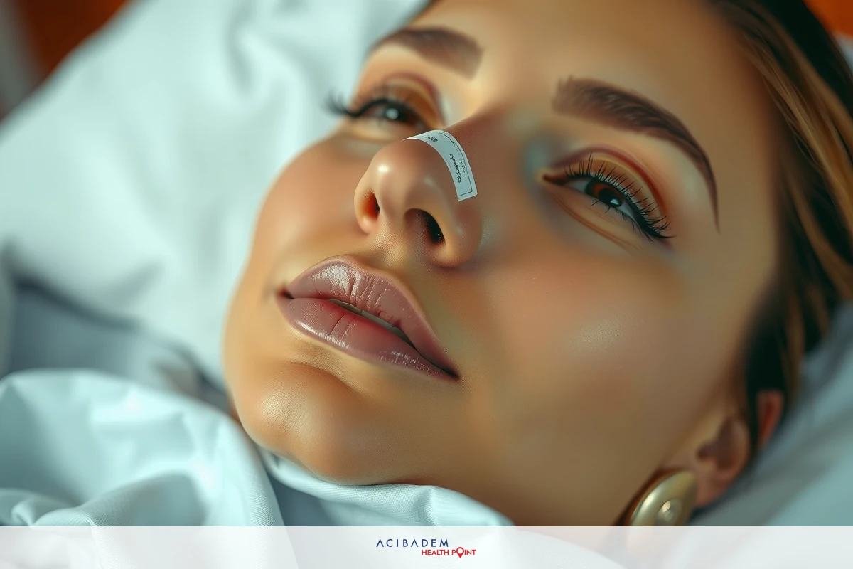 The image shows a woman lying on her back with a tape covering nose. Her skin is light and she has lipstick on.