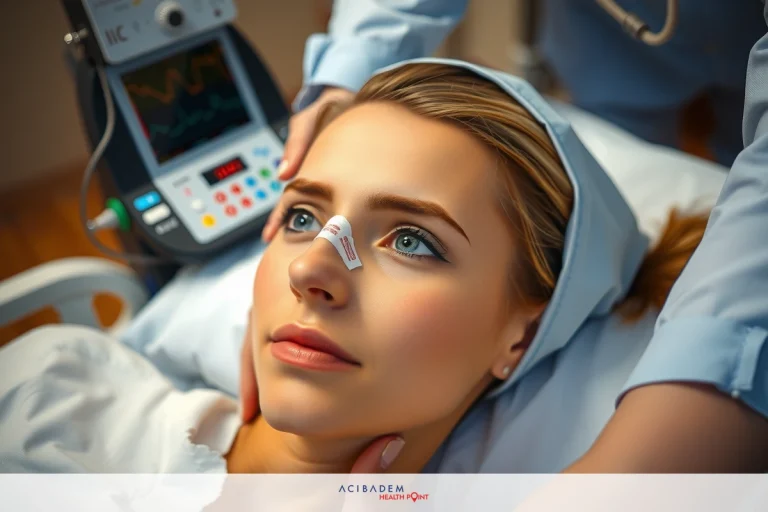 This is a photograph capturing a medical setting where a patient is being attended to. The focus of the image appears to be on the patient's nose. A healthcare professional is present, likely assessing the situation.